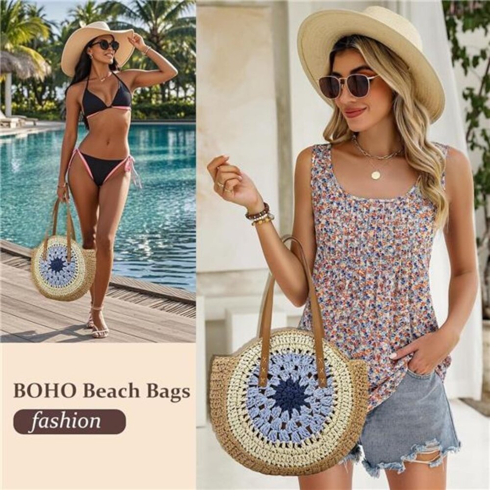 Round Straw Bag Handwoven Natural 02 - Picture 5 of 6